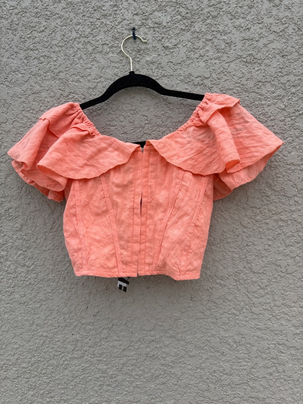 HYFVE Peach Coral Ruffle Off-Shoulder Crop Top